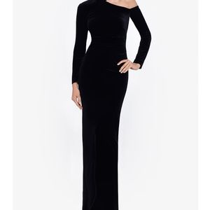XscapeStretch Velvet Asymmetrical Mock Neck Long Sleeve Gown